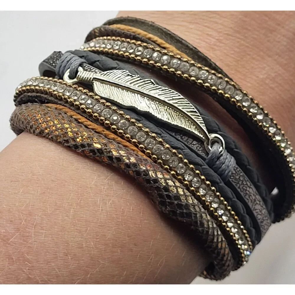 Boho Multi-row Wrap Bracelet Feather Charm Rhinestones Magnetic Closure 7in